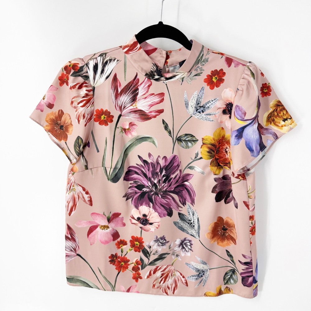 J.Crew Floral Mock Neck Puff Sleeve Top Pink AC371 XS